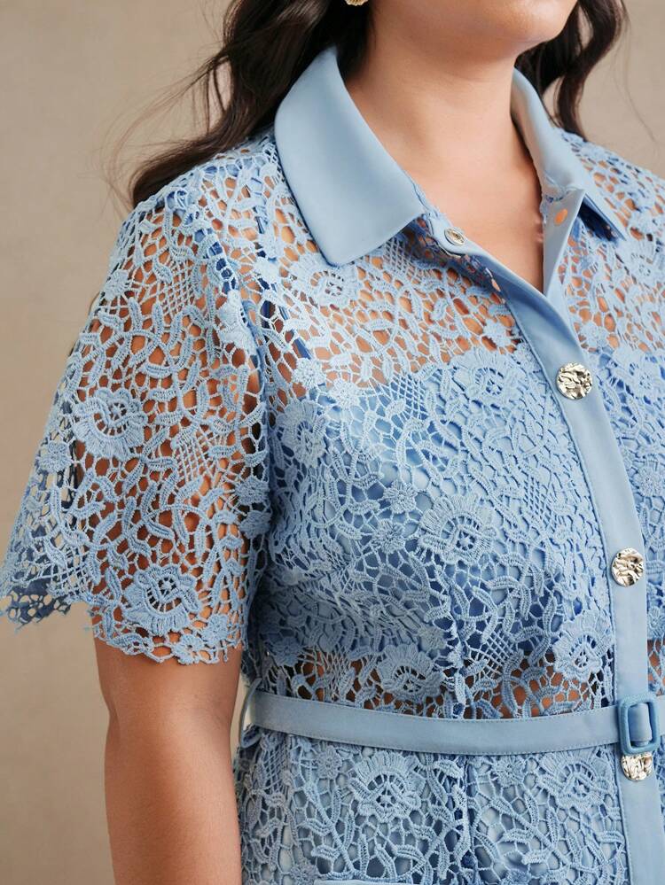 Plus Size Women's Floral Lace Trim Elegant Mid-Length Short Sleeve Dress, Fashionable, Suitable For Spring/Summer Outfits