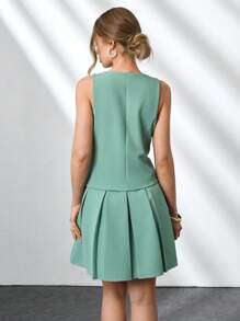CLARA VERO Elegant Solid Color Sleeveless Pleated Hem Dress, Summer - Mint Green - View 2