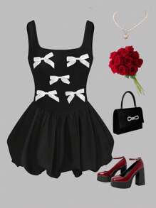 Young Girl Solid Color Crew Neck Knit Patchwork Ruffle Hem Snug Fit Dress - Black - View 1