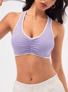 SHEIN Sport Studio Damen Sport-BH mit Kontrastbindung und Rundhalsausschnitt, geraffter Saum, Damenbekleidung, Sport-Trainingskleidung, Damen-Trainingsoberteil, Damen-Sport-BHs, Damen-Sport-Sets
