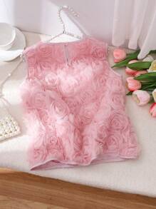 Tween Girls' 3D Floral Pattern Sleeveless Tank Top, Fashionable Summer Wear - Pink - View 2