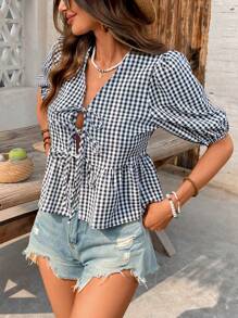 SHEIN LUNE 女士夏季格纹系带泡泡袖短款休闲衬衫 - 彩色 - 查看 3