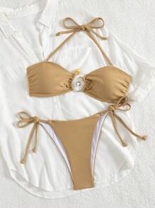 SHEIN Swim 女士夏季海滩音乐节罗纹面料卡其色吊带时尚配饰比基尼套装 - 卡其色 - 查看 8