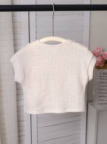 SHEIN Young Girl Solid Color Crew Neck Bow Decor Casual T-Shirt - White - View 2