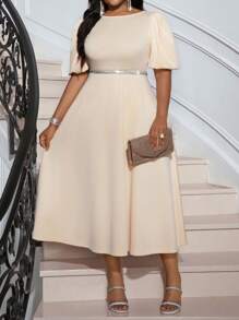 Fleurora 春夏优雅通勤办公室卡其色针织圆领喇叭泡泡袖中长短袖大码连衣裙女士办公室服装女士连衣裙优雅女士夏季服装