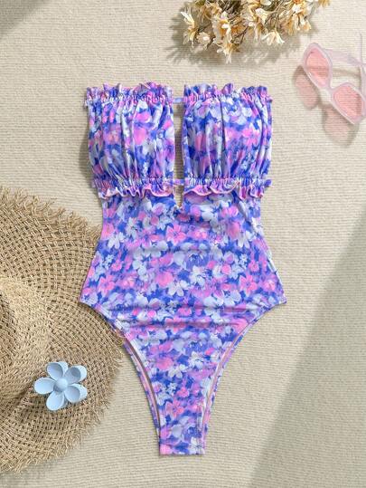 Soleia Women's Vacation Sweet Floral Print Strapless Hollow Out Backless Tied Beach One-Piece Swimsuit