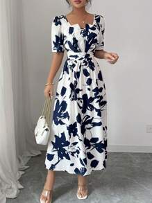 Elenzga 方领泡泡袖夏季腰部褶皱优雅全身印花拼色连衣裙