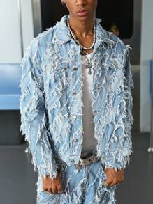 PAVTROS Manfinity Streetrush 男式磨边单排扣休闲牛仔宽松夹克，夏季外出派对舞会街头，Emo 风格，适合秋季 - 淺色水洗藍 - 查看 7