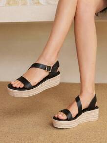 Styleloop Women's Canvas Wedge Lace-Up Sandals, For Daily Wear - Black - View 3