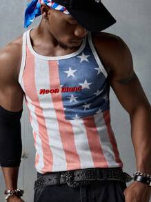 NEON BLANC Men's Streetwear Style Star & Stripe Letter Print Knit Tank Top, Suitable For Summer, School - Red and White - View 4