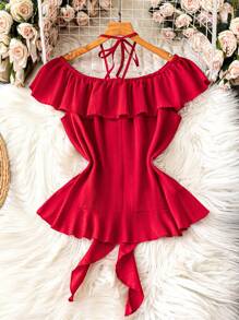 SHEIN DreamScene Áo cánh hở vai tay bèo nhún cỡ lớn cho nữ, kiểu dáng đơn giản, thanh lịch, phù hợp cho mùa xuân và mùa hè - Đỏ - Xem 2