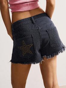 Bohemela 织边串珠口袋牛仔水洗破洞短裤 - 黑色 - 查看 3