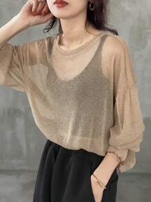 FRIFUL Blusa holgada de malla transparente con cuello redondo, prenda de capa para primavera/verano para mujeres