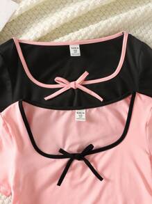 Bộ 2 chiếc áo thun tay ngắn cổ vuông đơn giản thoải mái họa tiết khối màu đơn giản cho bé gái tuổi teen - Màu Hồng baby - Xem 3