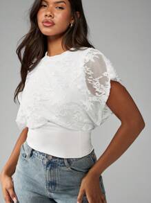 MISSGUIDED Lace Embellished Puff Sleeve Cinched Waist Top Elegant Evening Occasion Summer Spring Blouse - White - View 6