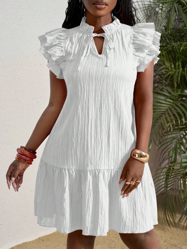 Slaydiva New Summer Style, Birthday Party, Graduation Season, Student Wear, Daily Outing, Basic And Versatile, Leisure, Vacation, Cruise Travel, Beach, Seaside, Ruffled V-Neck, Collar Tie, Double-Layer Lotus Leaf Short Sleeves, Loose A-Line, Textured Fabric, White Summer Mini Dress, Women's Dress Vacation Dress