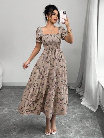 Elenzga Women's Square Collar Ruched Short Sleeve Ruffled Hem Maxi Dress, With Small Ditsy Floral, Suitable For Casual Everyday, Work, Travel, Beach, Boho, Western, Music Festivals, Country Style