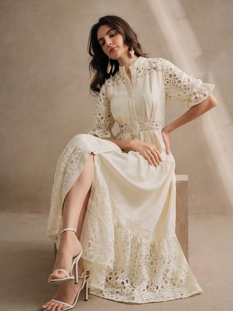 New Luxury Hollow Lace Panel Splice Waist Fitted Dress
