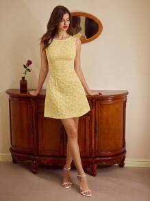 Vintamour 复古优雅度假连衣裙，春夏修身提花连衣裙，无袖吊带裙，浅黄色迷你连衣裙 - 鵝黃色 - 查看 3