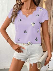 SHEIN Clasi Women Elegant V-Neck Shell Trim Green Floral Print Summer Blouse - Mauve Purple - View 3