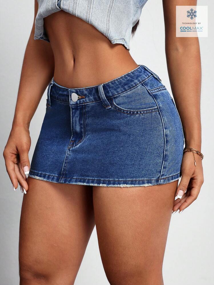 SHEIN PETITE Minifalda vaquera de moda para mujer, adecuada para el verano - Azul lavado oscuro - Añade 3