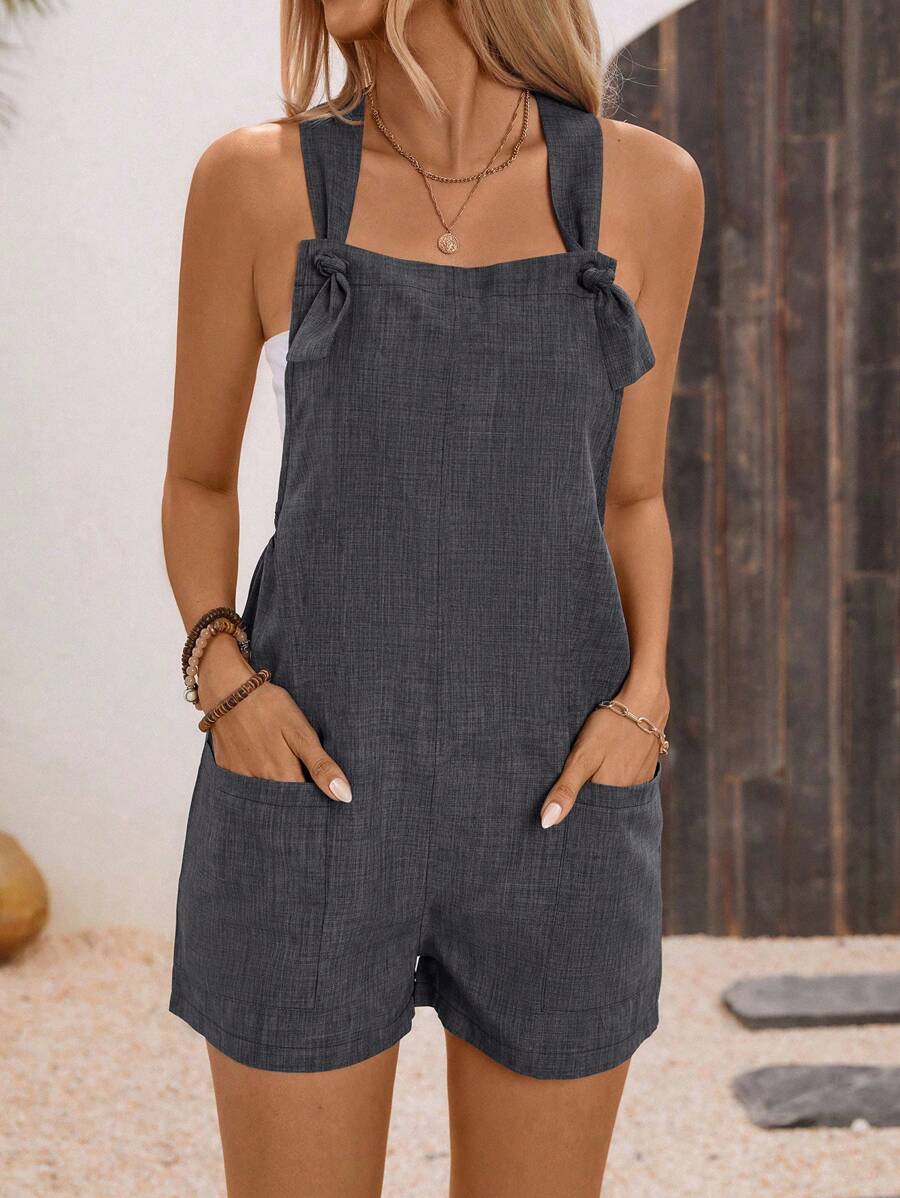 Breezaya Vacation Casual Solid Color Double Pockets Tied Romper - Grey - View 1