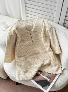 SHEIN Privé 大码女式钩针镂空 Polo 领休闲宽松优雅通勤毕业返校复古学院风短袖毛衣上衣，适合情人节、音乐会、表演、约会、正式派对、婚礼、性感、优雅、办公室、度假、海滩、美人鱼风格、生日派对、珍珠纽扣 - 杏色 - 查看 2