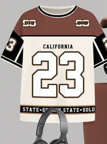 SHEIN Street Digit 23 & Letter Jersey Print, Melon Color, Casual Minimalist Teen Girl Short Sleeve Loose T-Shirt And Bike Shorts Set, 2pcs, Suitable For Summer