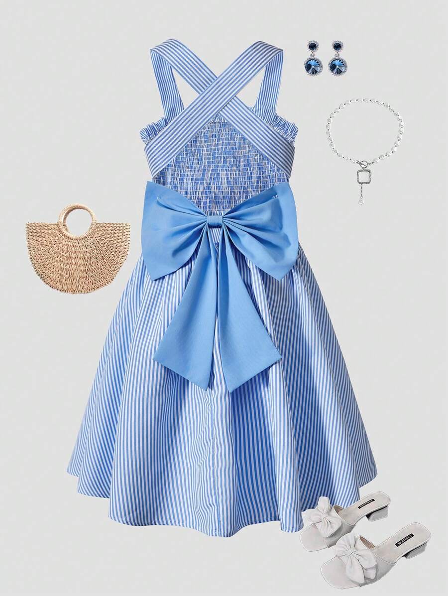 Tween Girl Summer Casual Striped Bow Detail Dress - White - View 1