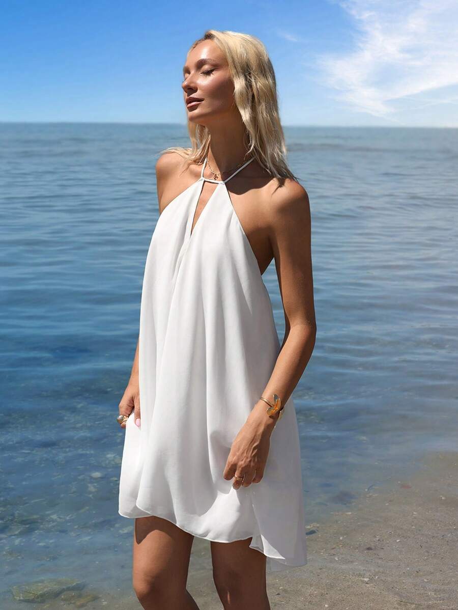 SHEIN ICON Damen weißes Trägerkleid mit offenem Rücken, weite A-Linie Mini-Länge, Lässig Resort Strand