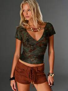 TRNVIE 女式交叉V领修身褶饰T恤，春夏 - 綠色 - 查看 1