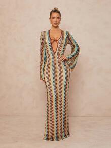 Lumalex Fall Modest Old Money Coquette Rave Festival Outfits Formal Fall Modest Old Money Coquette Summer Swimsuit Swimwear Swim Vacation Elegant Easter Bohemian BOHO Sea Beach Hot Outdoor Richly Layered Wedding Season Banquet Coming Of Age Ceremony Beach Seaside Metal Decor Deep V-Neck Flared Long Sleeve Bodycon Striped Print Dress For Women Women Dresses Birthday Women Casual Dress Long Dress With Sleeves Crochet Dress Striped Dress Unique Dress Cruise Dinner Dress - Multicolor - View 3