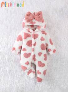 婴儿/女宝宝粉色爱心毛绒长袖连脚连体睡衣套装