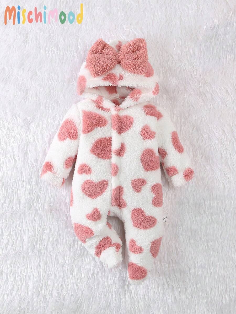 婴儿/女宝宝粉色爱心毛绒长袖连脚连体睡衣套装