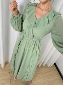 Modelyn Women Solid Color Elegant Ruffle Trim V-Neck Mid-Length Dress, Long Sleeve - Green - View 4
