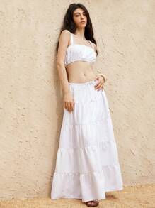 Aveloria Affinna French Vintage Romantic Sweet Elegant Lace Trim Button Decor Pleated Elastic Bust Camisole Top & Layered Ruffled Bow Knot High Waist Maxi Skirt 2pcs Set For Women