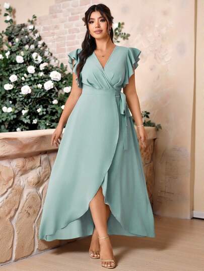 Cravure Plus Size Romantic Elegant Solid Color Cross V-Neck Side Tie Ruffle Sleeve Wedding Dress