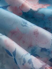 SHEIN MOD Plus Size Romantic Floral French Style Dress, Party/Evening Gown,Birthday Dresses For Women,Corset Dress For Women.Dreamy Blue Floral Ruffled Mesh Short Dress For Women Sweetheart Neck Tie Bow Details Layered Skirt Design,Spring/Summer Outfits, Valentine's Day Outfits - Blue - View 4