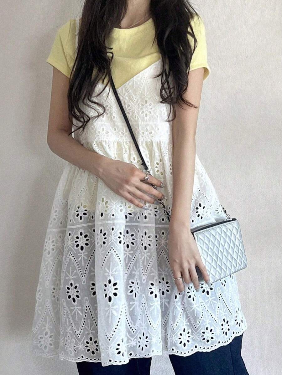 FRIFUL 女士夏季时尚网纱刺绣吊带背心 - 白色 - 查看 1