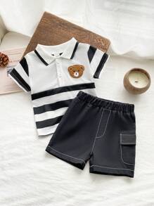 SHEIN 2 件套男婴夏季服装，黑白条纹熊印花 Polo 领短袖上衣搭配纯黑色短裤，时尚简约风格，卡通图案，穿着舒适，适合户外活动、居家休闲、休闲聚会 - 藏蓝色 - 查看 5