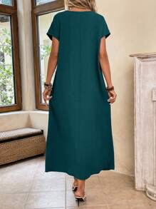EMERY ROSE Women's Solid Color Batwing Sleeve Long Casual Dress For Vacation - Dark Green - View 2