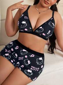 HELLO KITTY AND FRIENDS | SHEIN Plus Size Black & Pink Kitty And Heart Print Sexy & Comfy Bikini Bra And Boxer Brief Lingerie Set,Kawaii,Y2K,Cute,Sweet - Black - View 5