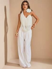 SHEIN BAE 女士优雅杏色针织单肩不对称领口上衣，饰有花卉图案，情人节 - 杏色 - 查看 4