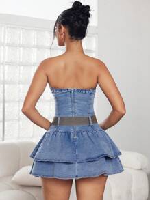 Jeanoix 蝴蝶结造型牛仔紧身连衣裙，短款荷叶边下摆休闲夏季新款收腰性感连衣裙 - 藍色 - 查看 2