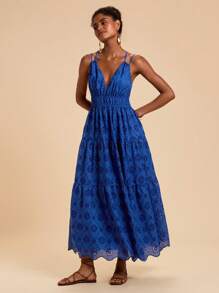 Travachic 度假休闲纯色镂空刺绣吊带连衣裙，女士度假装，女士婚礼宾客礼服，海滩度假装，女士夏季装，女士夏季连衣裙，女士连衣裙，夏季连衣裙 - 藍色 - 查看 7