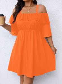 SHEIN LUNE 大码女式露肩荷叶边修腰纯色沙滩裙，夏季 - 橘色 - 查看 4