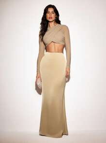 VIOLA AND VESPER Warm Sand Elegant High-Waist Satin Mermaid Maxi Skirt Women Summer Outfits