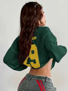 Coolane Women Couple Same Style Knit Green Striped & Number Printed Oversized Jersey Cover Up Sweater Tops For School Chunky Sweater In Fall/Winter - Dark Green - View 2