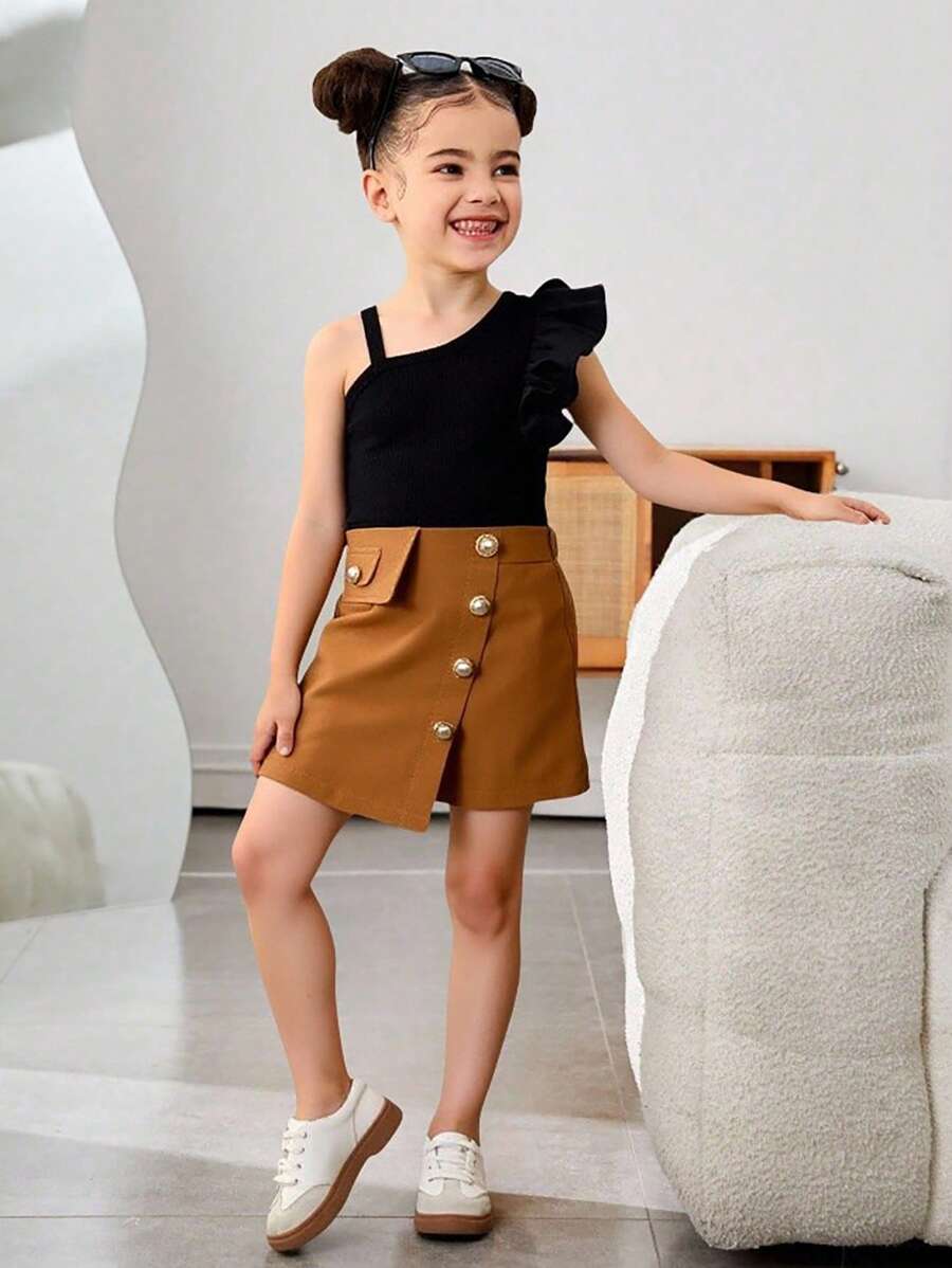 2pcs Set Young GirlSummer Casual Outfit - Ruffle Strap Cami Top And Solid Color Shorts With Belt, Suitable For Leisure And Commute - Multicolor - View 1