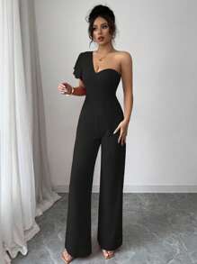 Chiquease 法式单肩阔腿连体裤，荷叶边下摆，高腰，凸显女性魅力